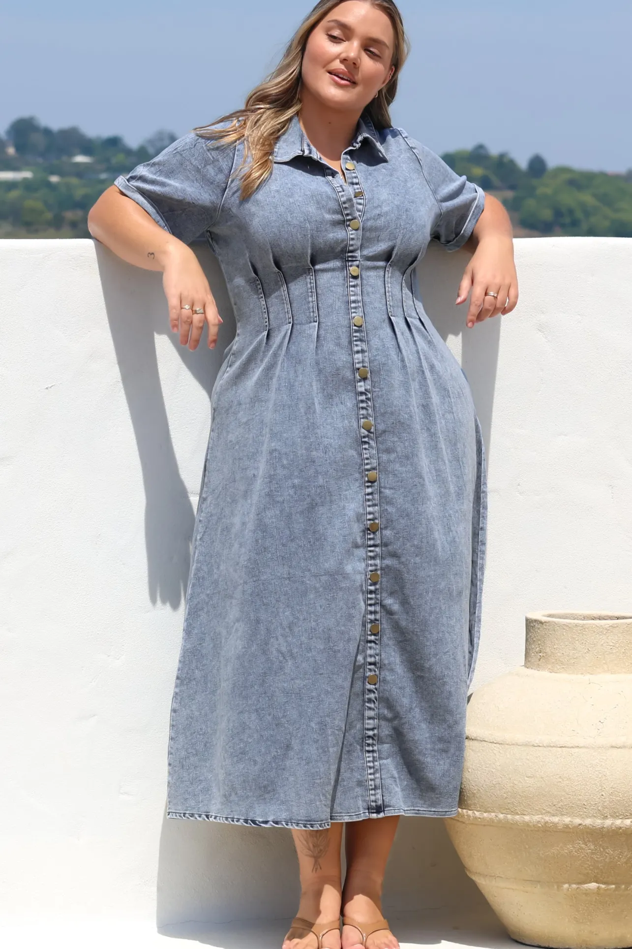 Sharlan Midi Dress - A-Line Button Detailed Denim Dress in Mid Denim Wash>Salty Crush New