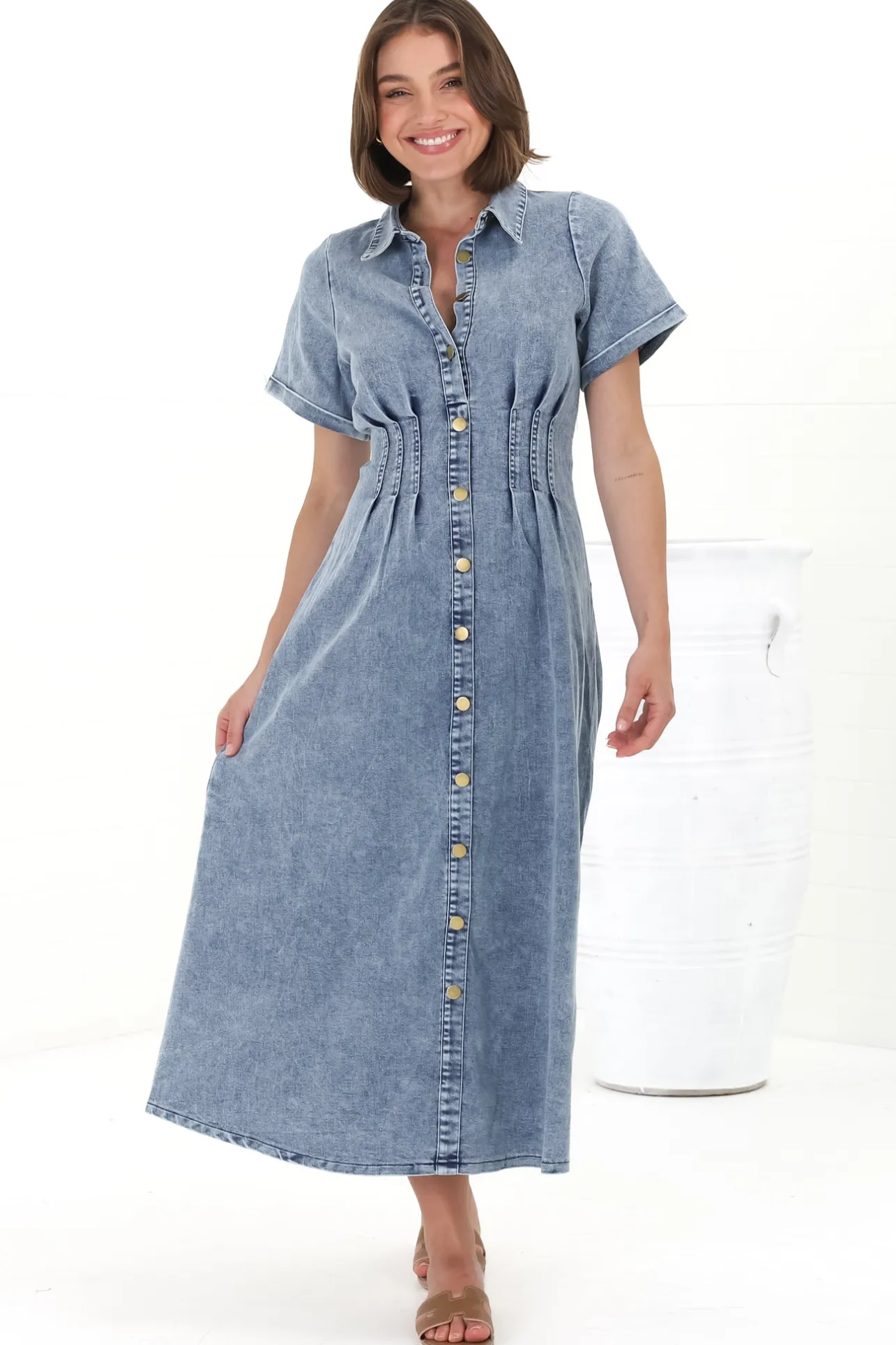 Sharlan Midi Dress - A-Line Button Detailed Denim Dress in Mid Denim Wash>Salty Crush New