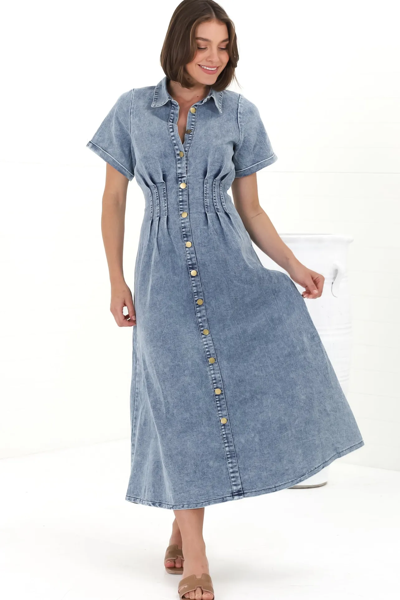 Sharlan Midi Dress - A-Line Button Detailed Denim Dress in Mid Denim Wash>Salty Crush New