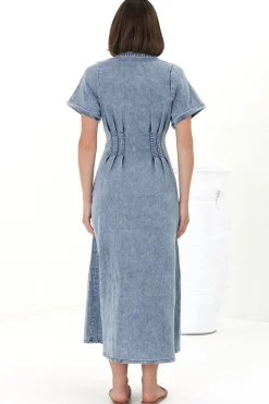 Sharlan Midi Dress - A-Line Button Detailed Denim Dress in Mid Denim Wash><noscript><img width=