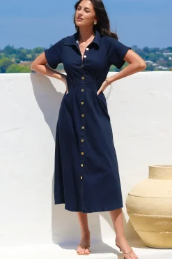 Sharlan Midi Dress - A-Line Button Detailed Denim Dress in Dark Denim>Salty Crush Clearance