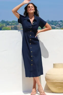 Sharlan Midi Dress - A-Line Button Detailed Denim Dress in Dark Denim><noscript><img width=