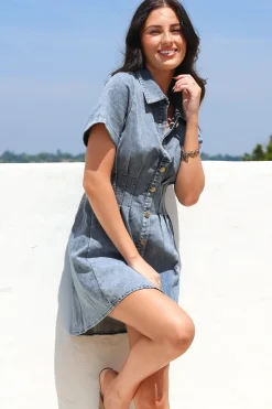 Sharlan Mini Dress - A-Line Button Detailed Denim Dress in Mid Denim Wash><noscript><img width=