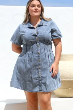 Sharlan Mini Dress - A-Line Button Detailed Denim Dress in Mid Denim Wash><noscript><img width=