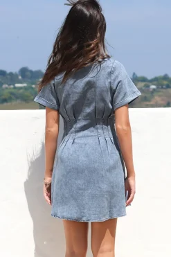 Sharlan Mini Dress - A-Line Button Detailed Denim Dress in Mid Denim Wash><noscript><img width=