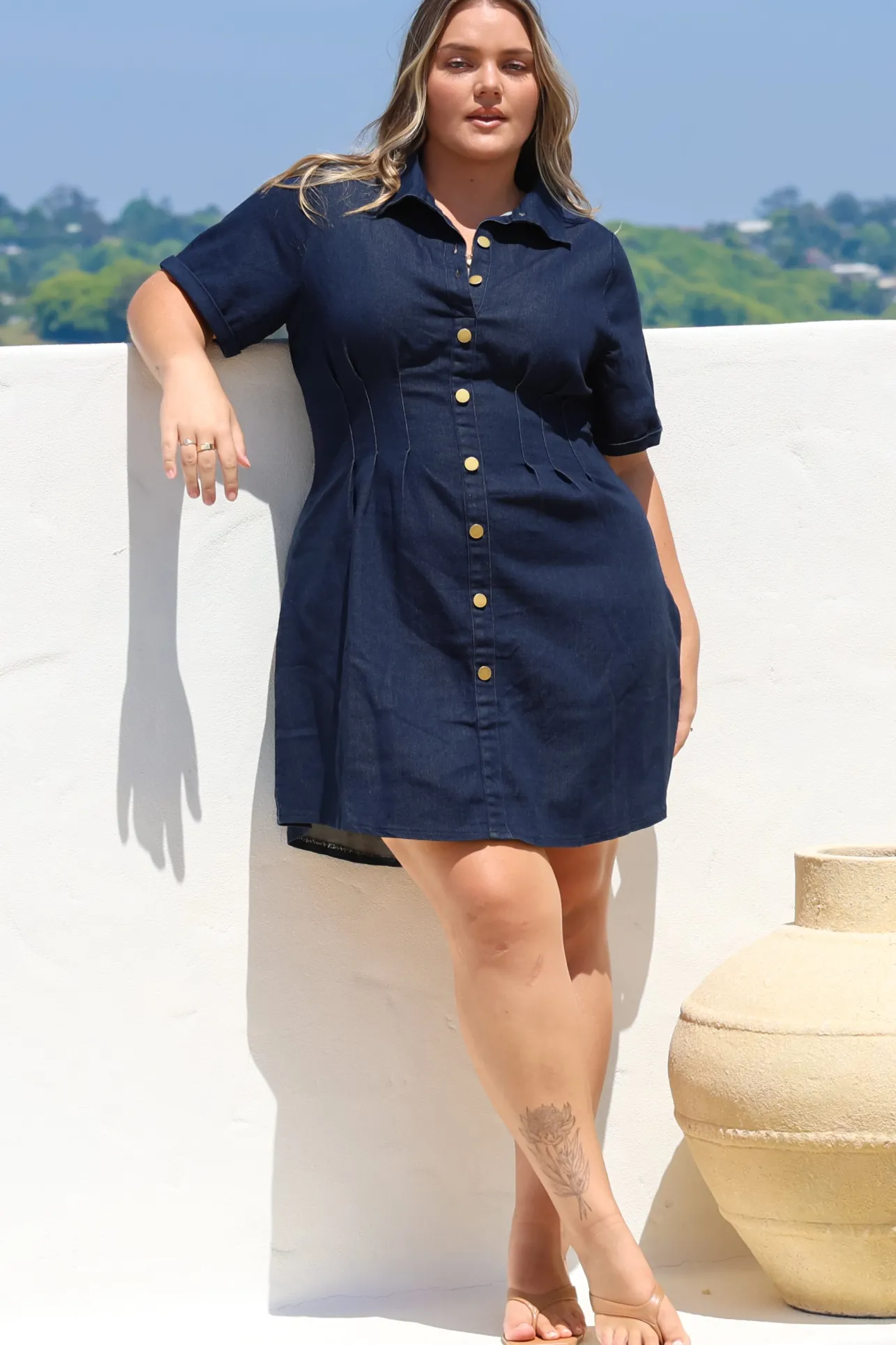 Sharlan Mini Dress - A-Line Button Detailed Denim Dress in Dark Denim>Salty Crush Sale