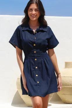 Sharlan Mini Dress - A-Line Button Detailed Denim Dress in Dark Denim><noscript><img width=