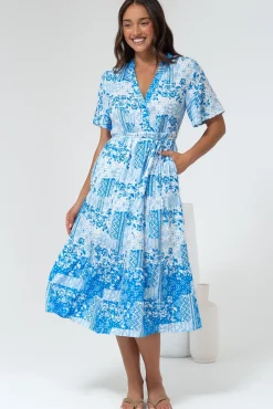 Sharni Midi Dress - V-Neck Shift Dress with Waist Tie in Hilton Print Blue>Salty Crush Online