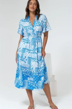 Sharni Midi Dress - V-Neck Shift Dress with Waist Tie in Hilton Print Blue><noscript><img width=