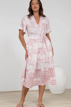 Sharni Midi Dress - V-Neck Shift Dress with Waist Tie in Hilton Print Pink>Salty Crush Clearance
