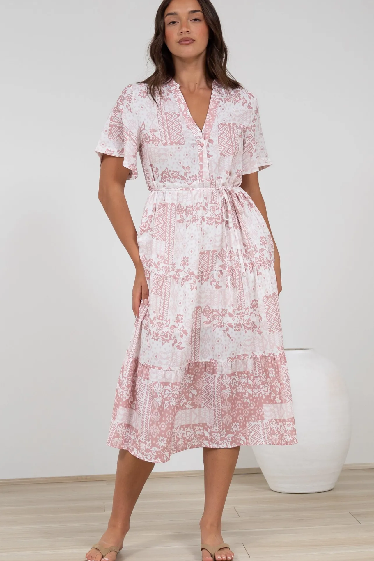 Sharni Midi Dress - V-Neck Shift Dress with Waist Tie in Hilton Print Pink>Salty Crush Clearance