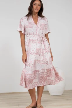 Sharni Midi Dress - V-Neck Shift Dress with Waist Tie in Hilton Print Pink>Salty Crush Clearance
