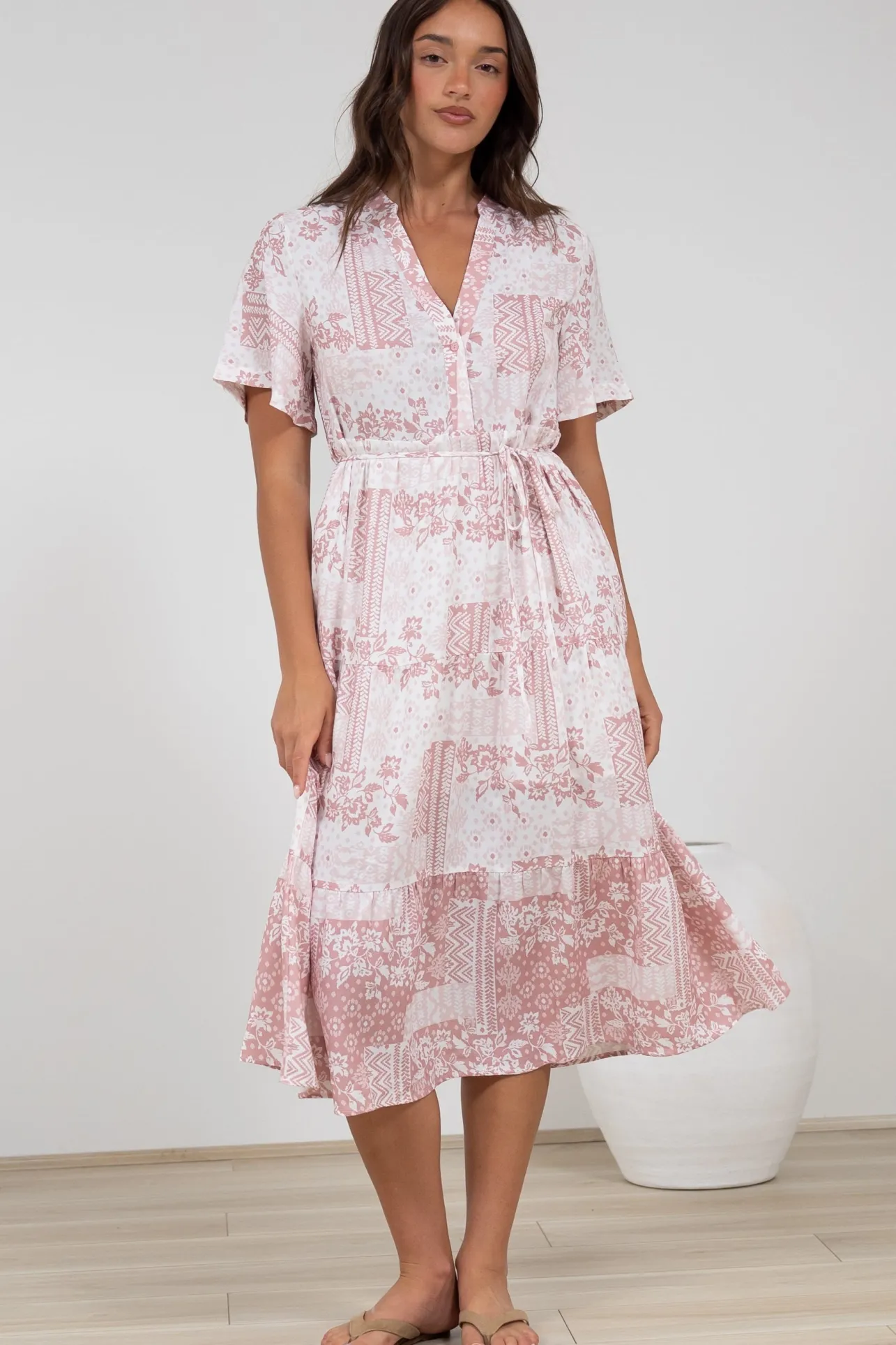 Sharni Midi Dress - V-Neck Shift Dress with Waist Tie in Hilton Print Pink>Salty Crush Clearance