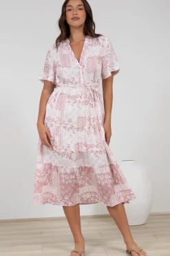 Sharni Midi Dress - V-Neck Shift Dress with Waist Tie in Hilton Print Pink><noscript><img width=