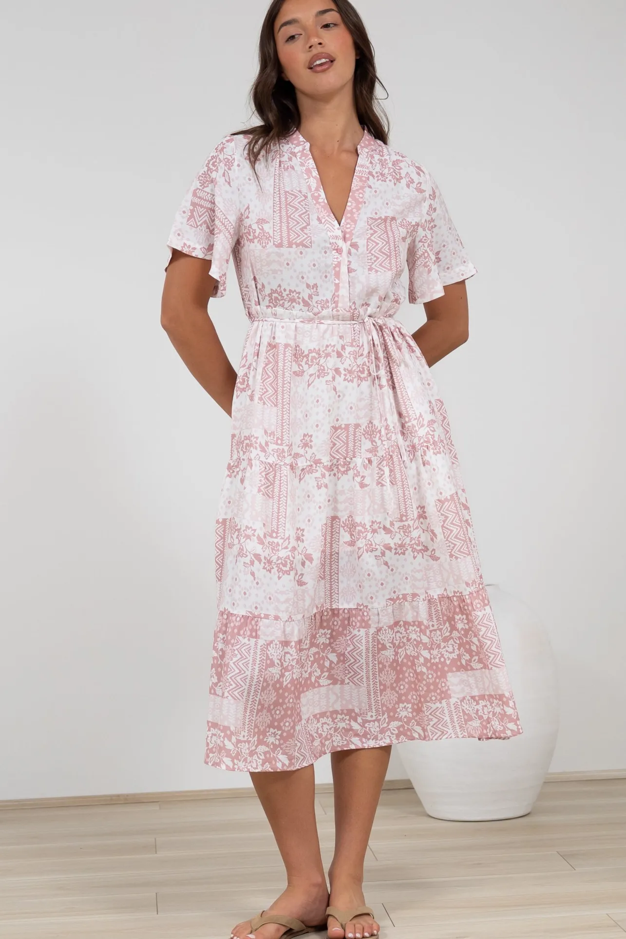 Sharni Midi Dress - V-Neck Shift Dress with Waist Tie in Hilton Print Pink>Salty Crush Clearance