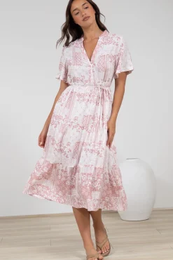 Sharni Midi Dress - V-Neck Shift Dress with Waist Tie in Hilton Print Pink><noscript><img width=
