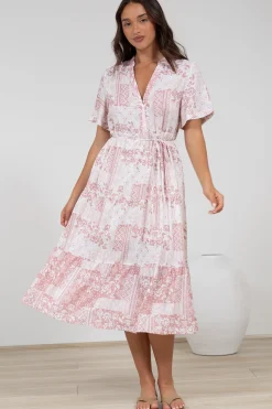 Sharni Midi Dress - V-Neck Shift Dress with Waist Tie in Hilton Print Pink><noscript><img width=
