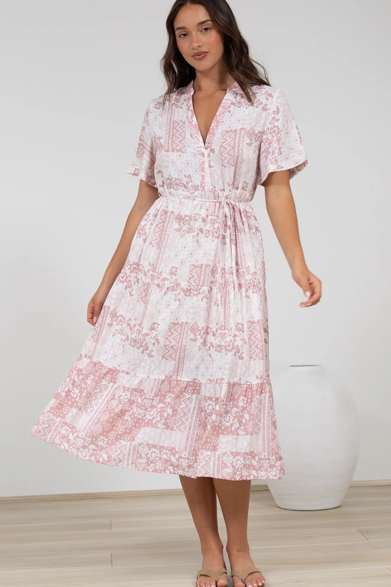 Sharni Midi Dress - V-Neck Shift Dress with Waist Tie in Hilton Print Pink>Salty Crush Clearance