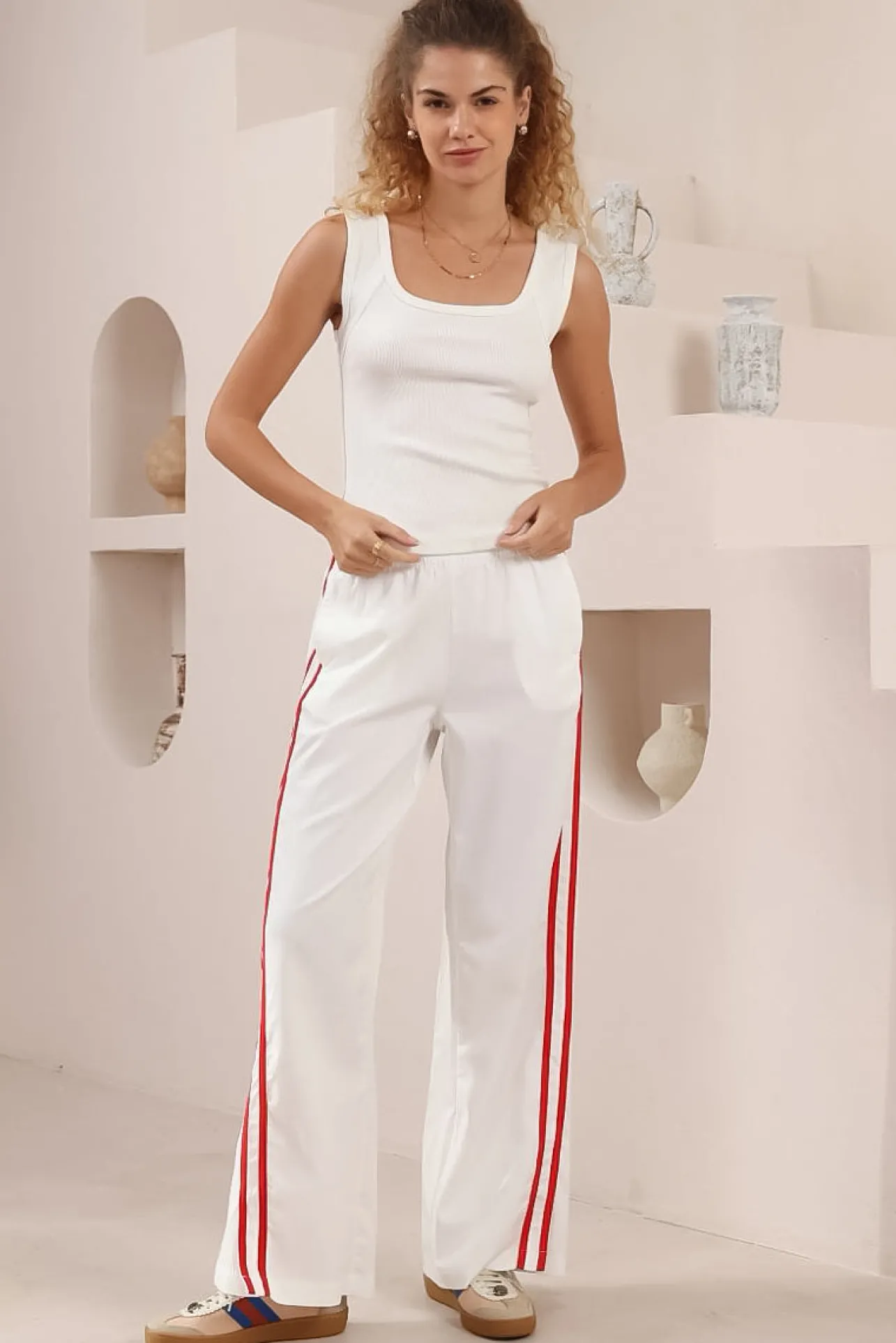 Shaw Pants - Double Contrast Stripe High Waisted Pants in White>Salty Crush Best