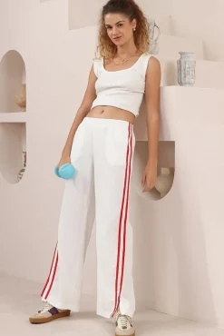 Shaw Pants - Double Contrast Stripe High Waisted Pants in White><noscript><img width=