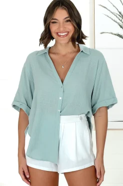 Shelly Shirt - Linen Collared Button Down Shirt in Sky Blue>Salty Crush Best