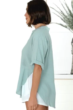 Shelly Shirt - Linen Collared Button Down Shirt in Sky Blue><noscript><img width=
