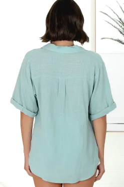 Shelly Shirt - Linen Collared Button Down Shirt in Sky Blue><noscript><img width=
