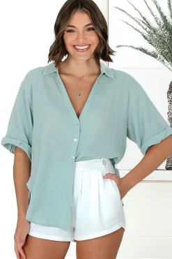 Shelly Shirt - Linen Collared Button Down Shirt in Sky Blue><noscript><img width=