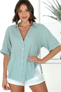 Shelly Shirt - Linen Collared Button Down Shirt in Sky Blue><noscript><img width=