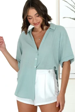 Shelly Shirt - Linen Collared Button Down Shirt in Sky Blue><noscript><img width=