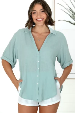 Shelly Shirt - Linen Collared Button Down Shirt in Sky Blue><noscript><img width=
