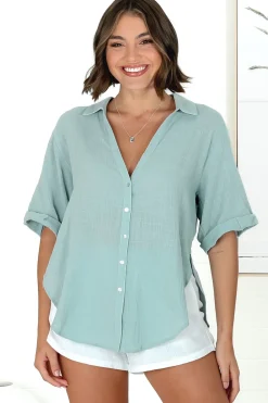 Shelly Shirt - Linen Collared Button Down Shirt in Sky Blue><noscript><img width=
