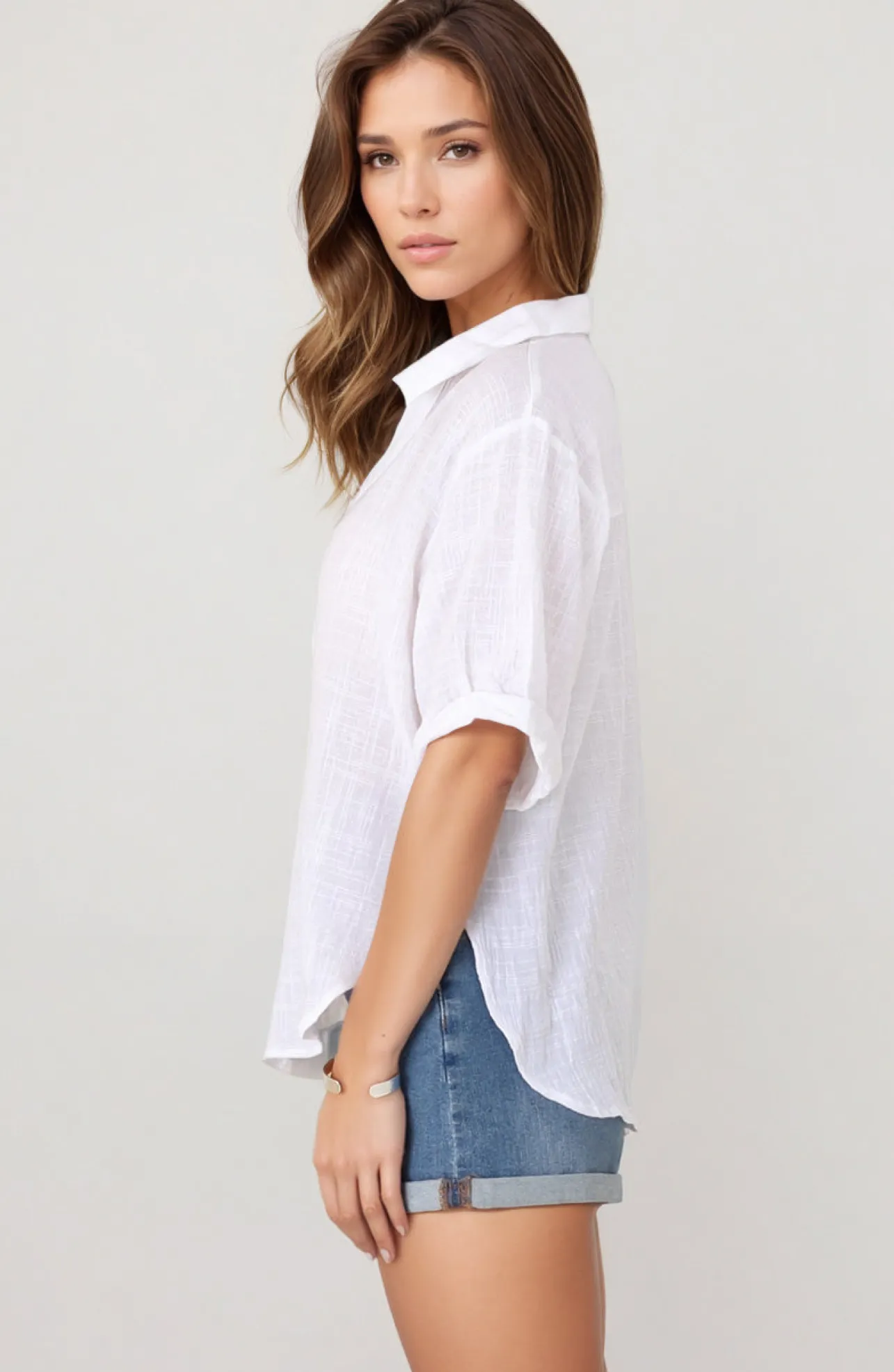 Shelly Shirt - Linen Collared Button Down Shirt in White>Salty Crush Clearance