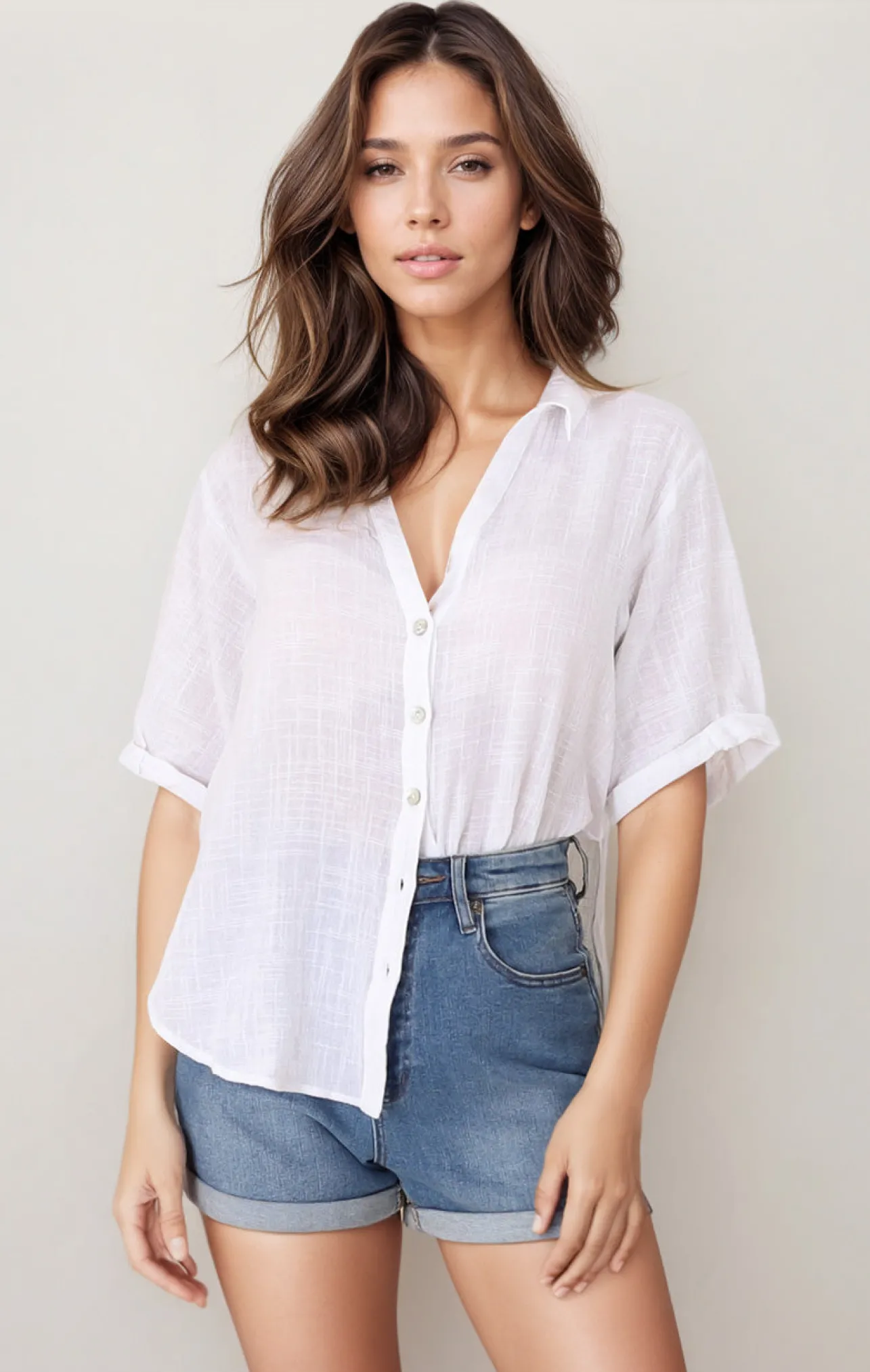 Shelly Shirt - Linen Collared Button Down Shirt in White>Salty Crush Clearance