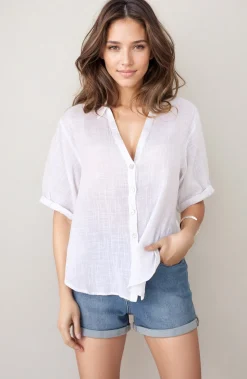 Shelly Shirt - Linen Collared Button Down Shirt in White><noscript><img width=