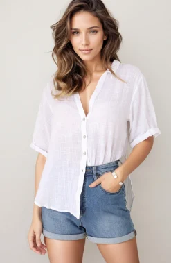 Shelly Shirt - Linen Collared Button Down Shirt in White><noscript><img width=