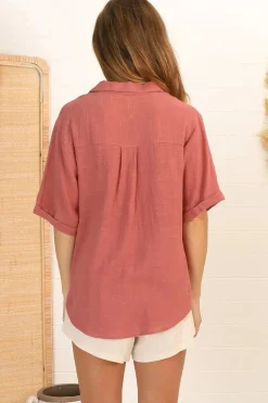 Shelly Shirt - Linen Collared Button Down Shirt in Guava><noscript><img width=