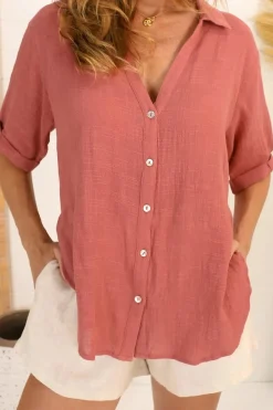Shelly Shirt - Linen Collared Button Down Shirt in Guava><noscript><img width=