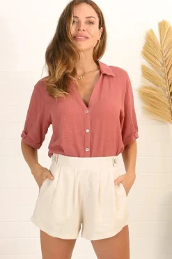 Shelly Shirt - Linen Collared Button Down Shirt in Guava><noscript><img width=