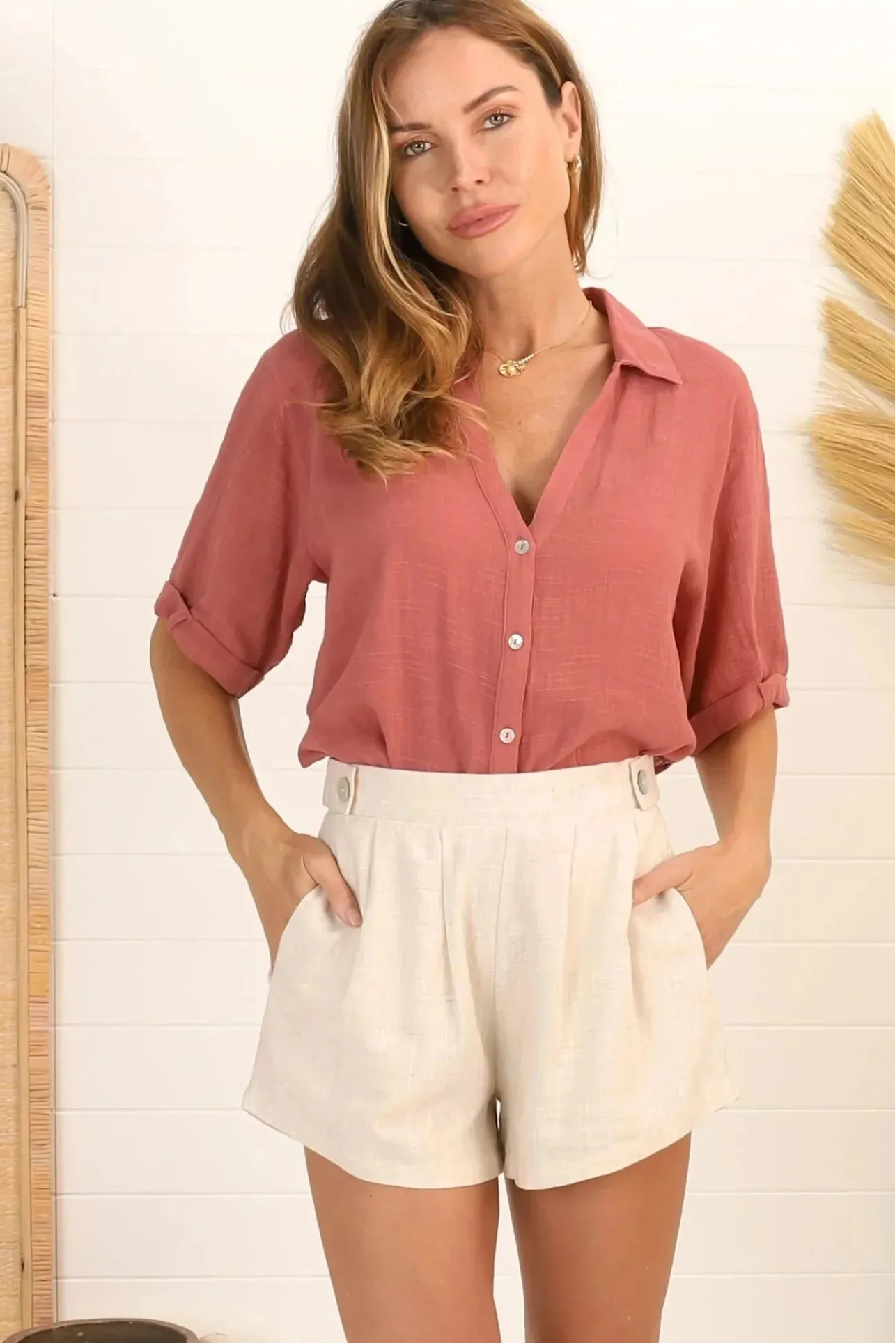 Shelly Shirt - Linen Collared Button Down Shirt in Guava>Salty Crush Outlet