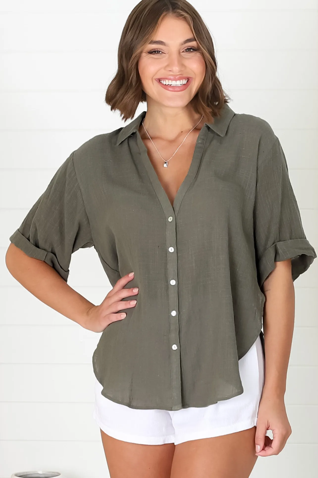 Shelly Shirt - Linen Collared Button Down Shirt in Military Green>Salty Crush New