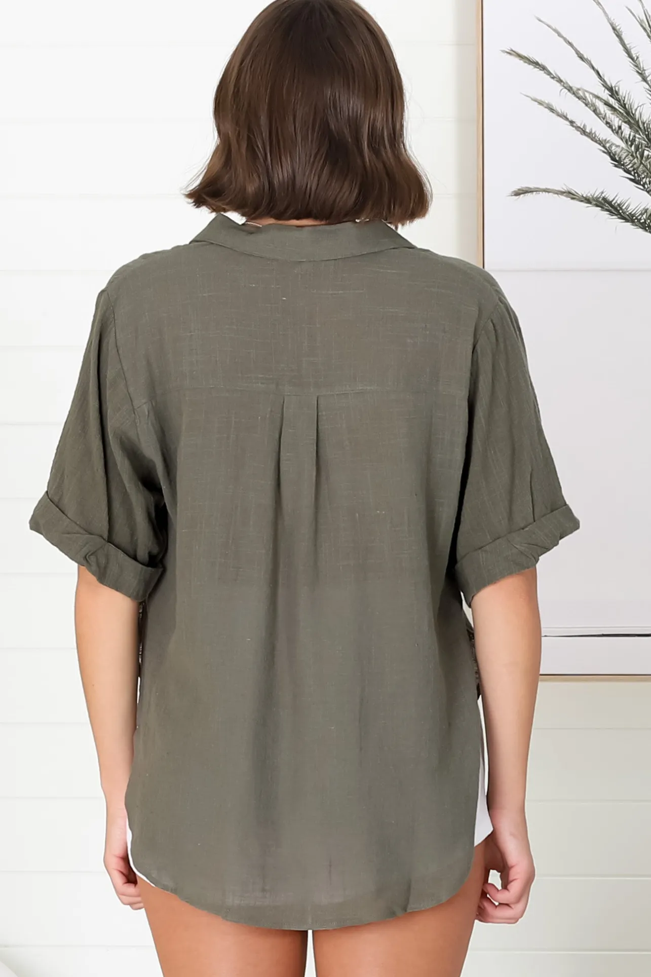 Shelly Shirt - Linen Collared Button Down Shirt in Military Green>Salty Crush New