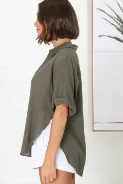 Shelly Shirt - Linen Collared Button Down Shirt in Military Green><noscript><img width=