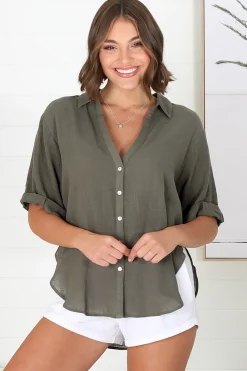 Shelly Shirt - Linen Collared Button Down Shirt in Military Green><noscript><img width=