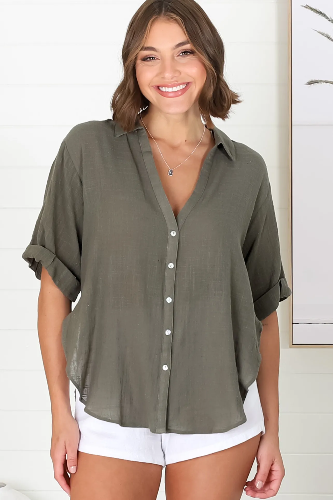 Shelly Shirt - Linen Collared Button Down Shirt in Military Green>Salty Crush New