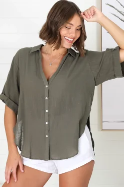 Shelly Shirt - Linen Collared Button Down Shirt in Military Green><noscript><img width=
