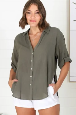 Shelly Shirt - Linen Collared Button Down Shirt in Military Green><noscript><img width=