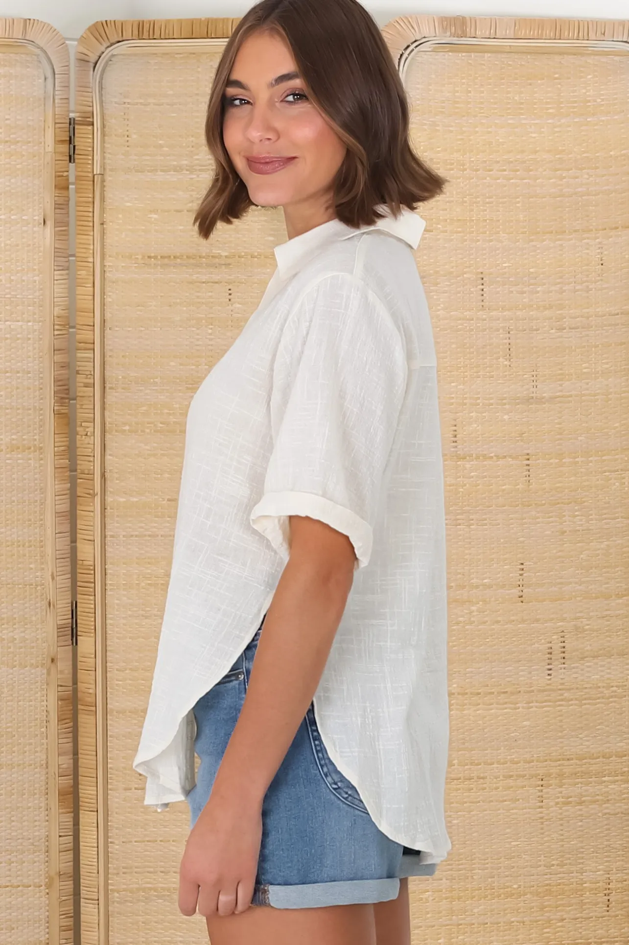 Shelly Shirt - Linen Collared Button Down Shirt in Cream>Salty Crush Clearance