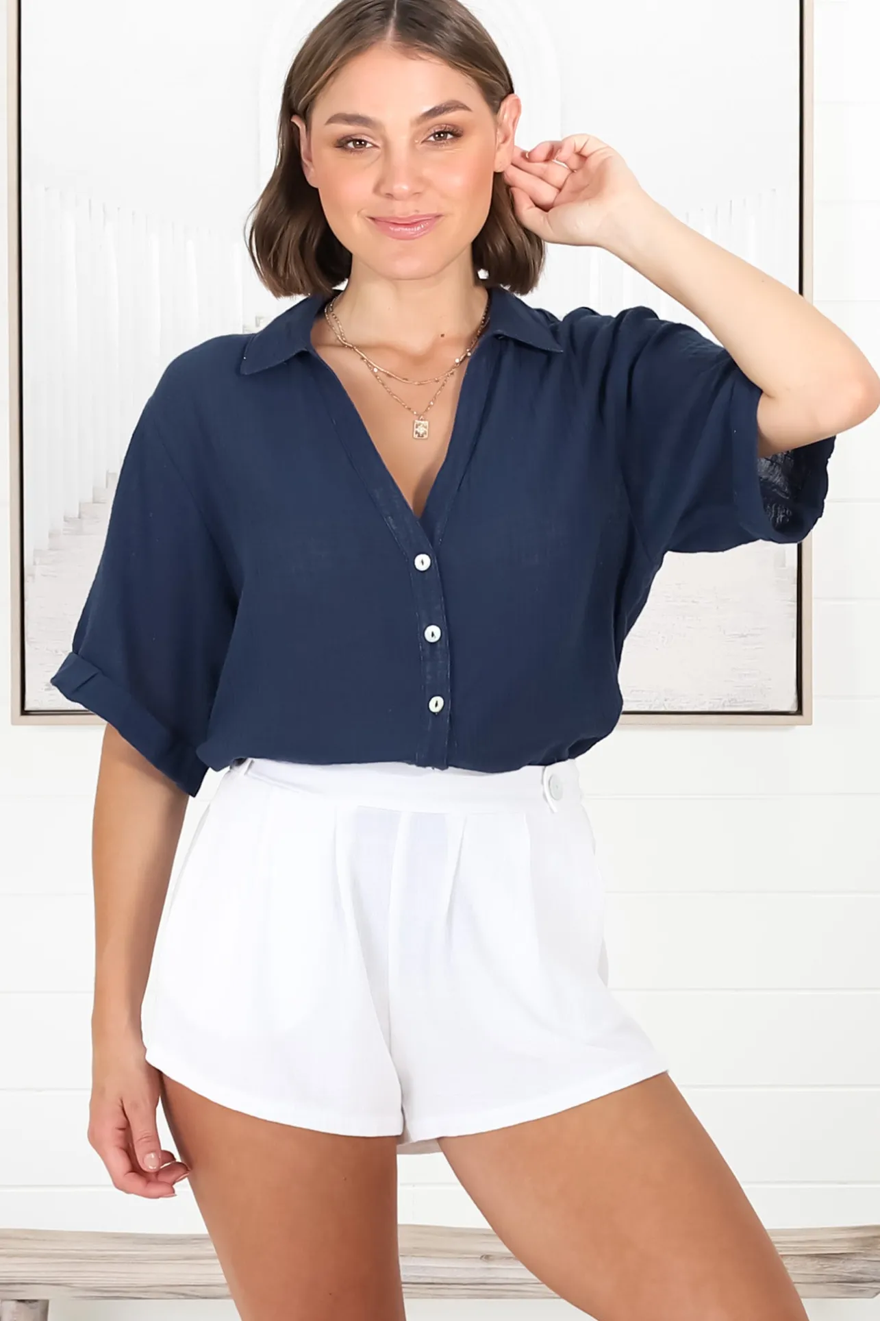 Shelly Shirt - Linen Collared Button Down Shirt in Navy>Salty Crush Online