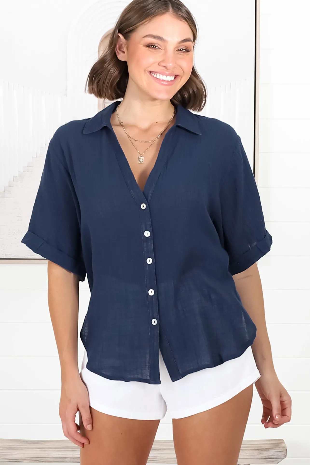 Shelly Shirt - Linen Collared Button Down Shirt in Navy>Salty Crush Online